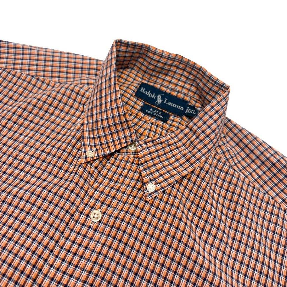 Ralph Lauren Blake Mens XL Short Sleeve Button Down Shirt Orange Blue Check